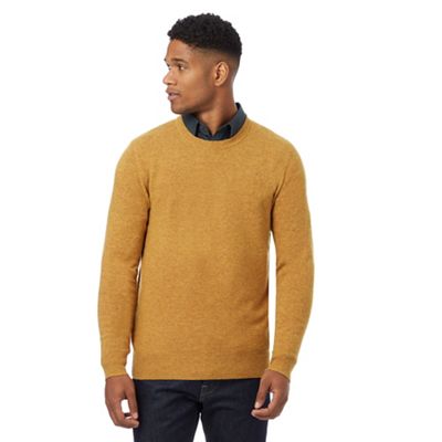 Big and tall dark yellow lambswool rich crew neck jumper